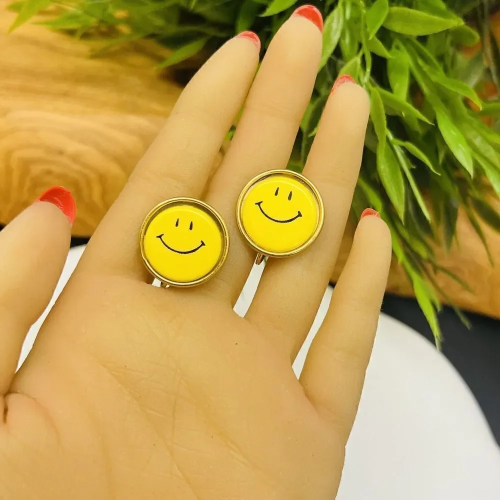 Vintage Yellow SMILEY FACE Button Gold Fun Cute Happy Joy Grin Earrings 1425